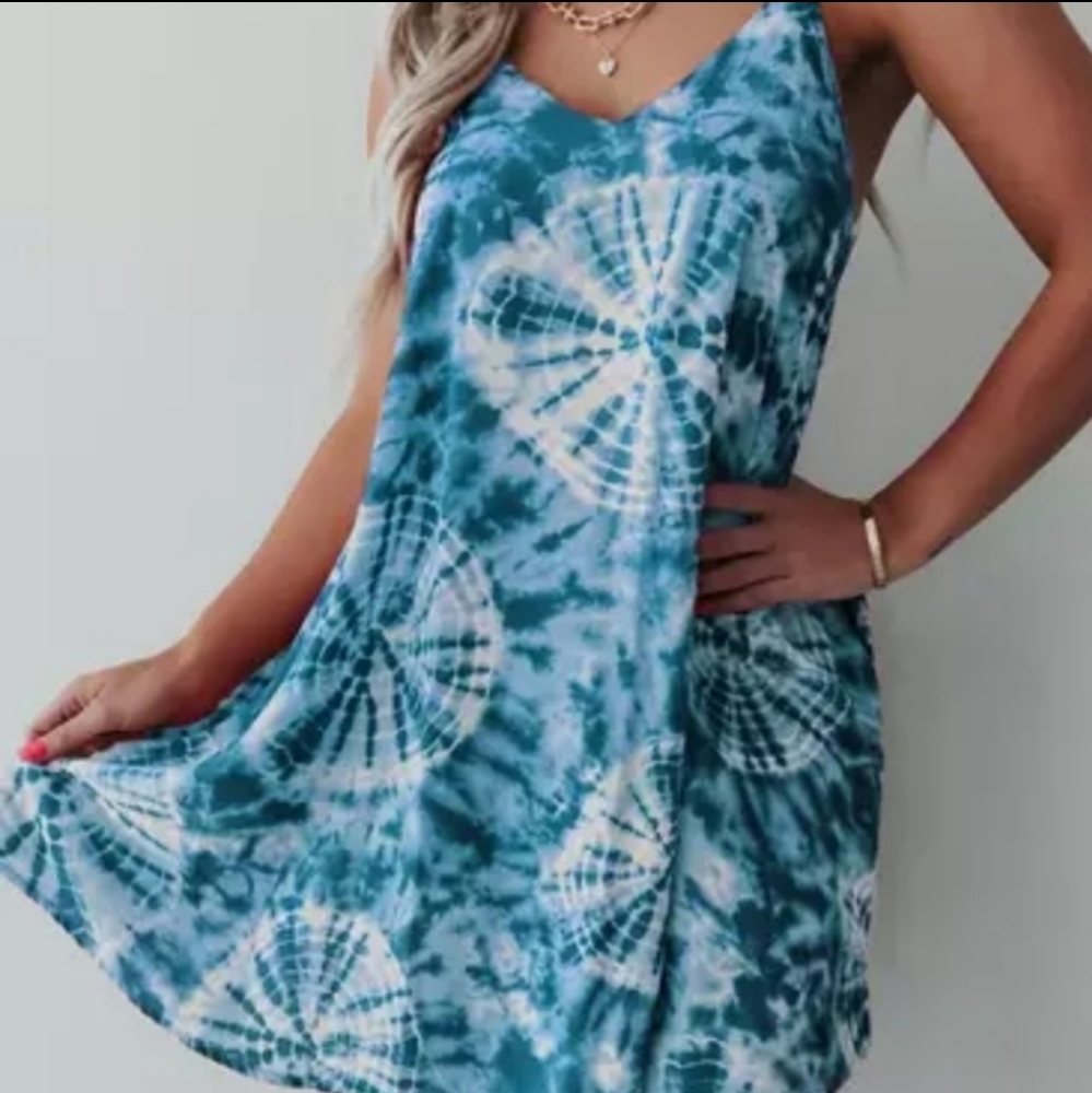 Teal/White Tie Dye Mini Dress
